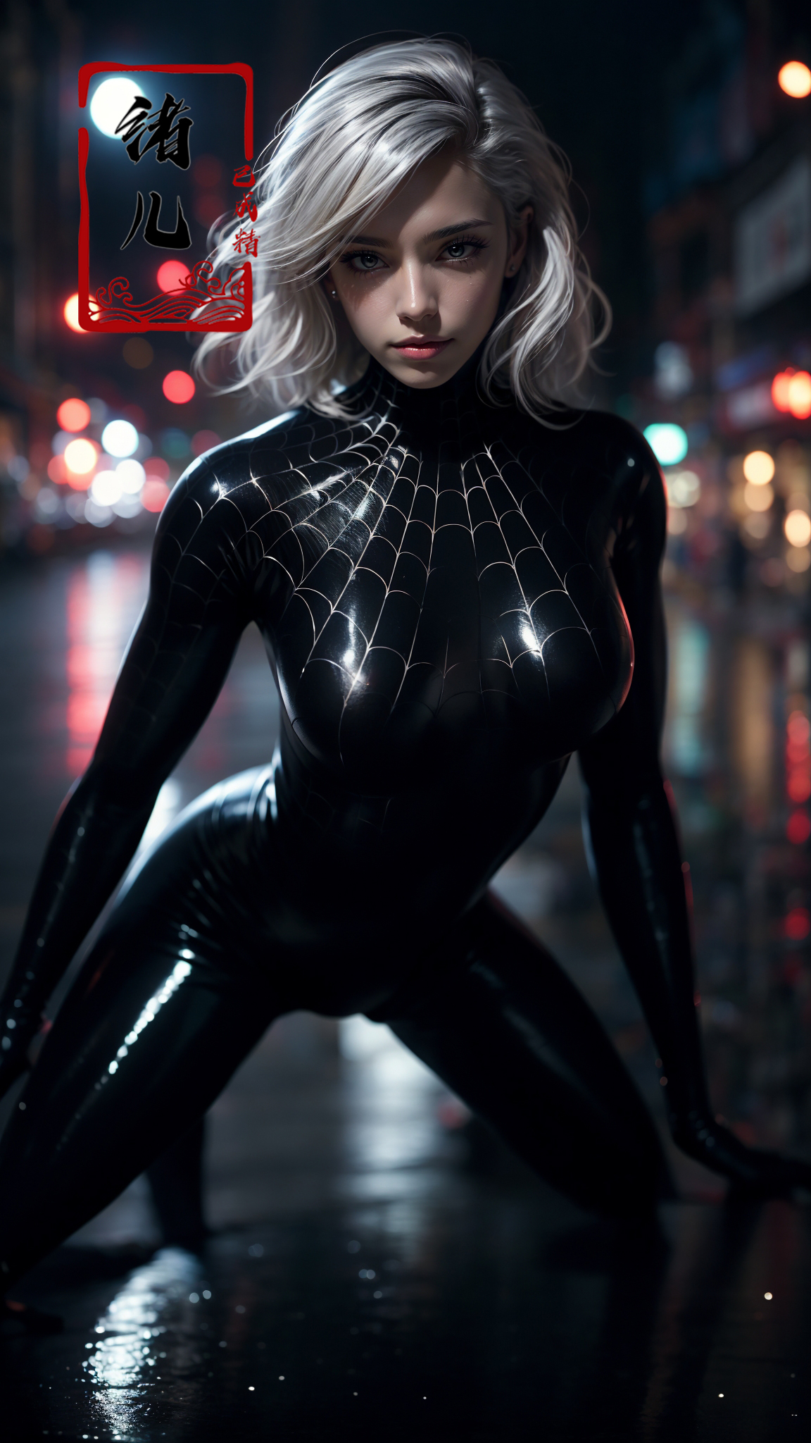 606247209521969418-3388342155-blury background,depth of field, Rainy night, water,_black Spider Man costume,1gir, solo,lips, (shiny skin_1.5)，skin tight, mole.jpg